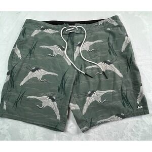 LOST Mens 36 Board Shorts Japanese Red-Crowned Crane Print 8" inseam Green